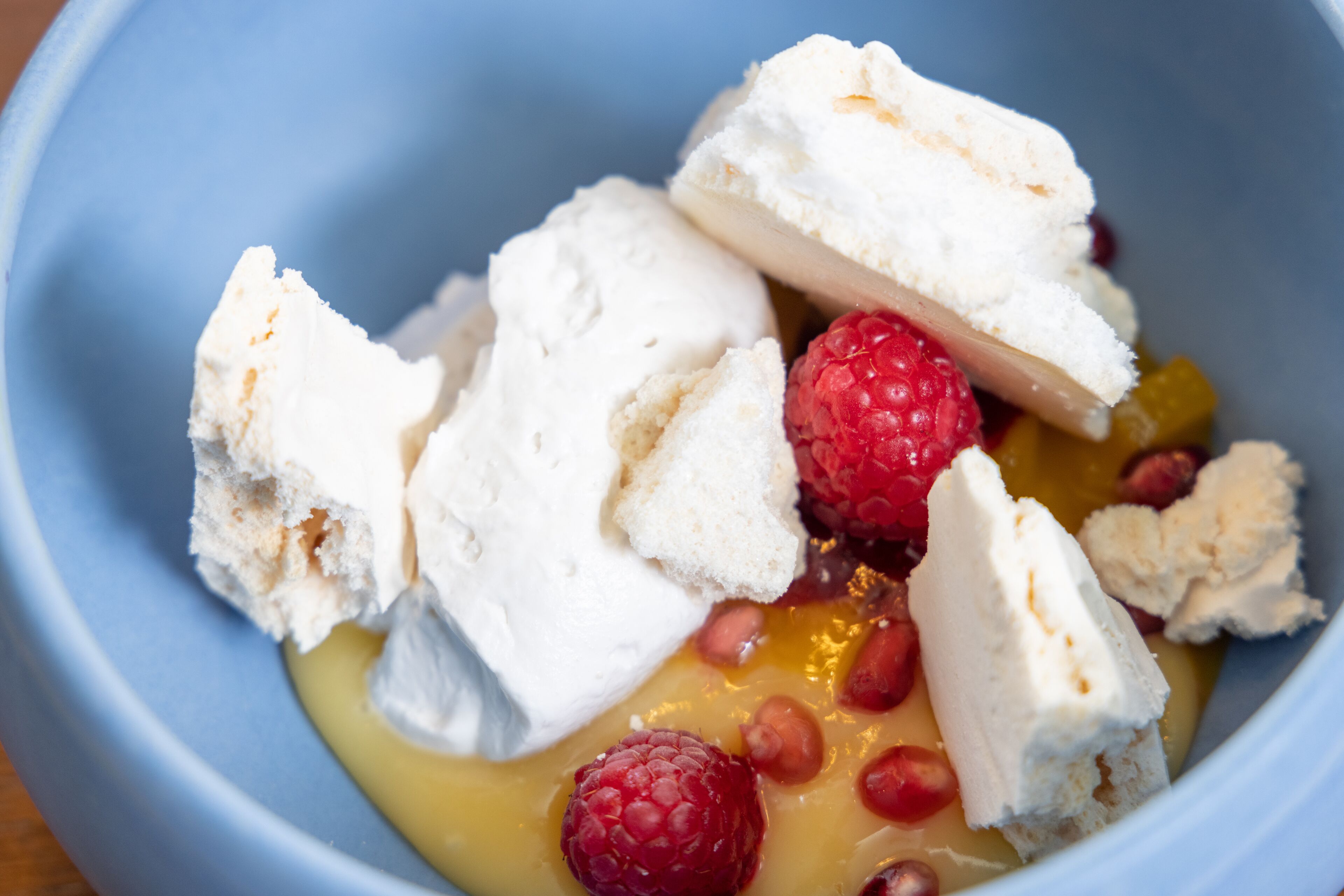 A bowl containing white chunks, possibly cheese or tofu, and red raspberries.