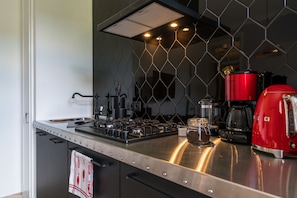 Full-sized fridge, microwave, stovetop, dishwasher