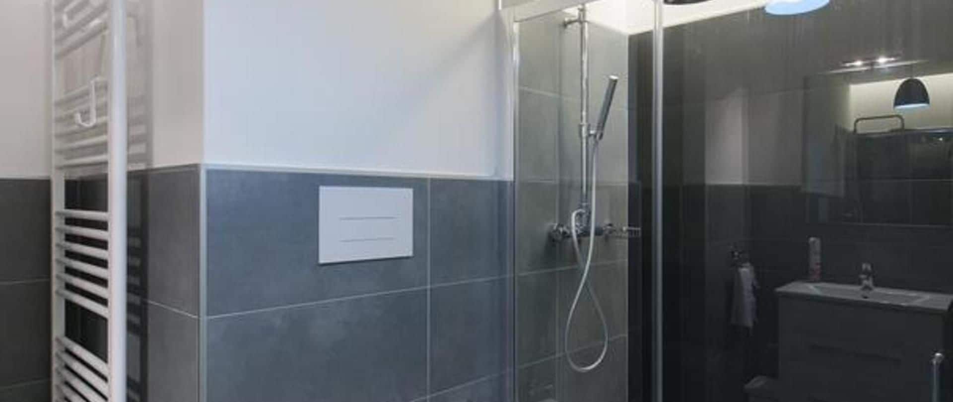 A modern bathroom with a glass shower enclosure, a towel rack, and a mirror.