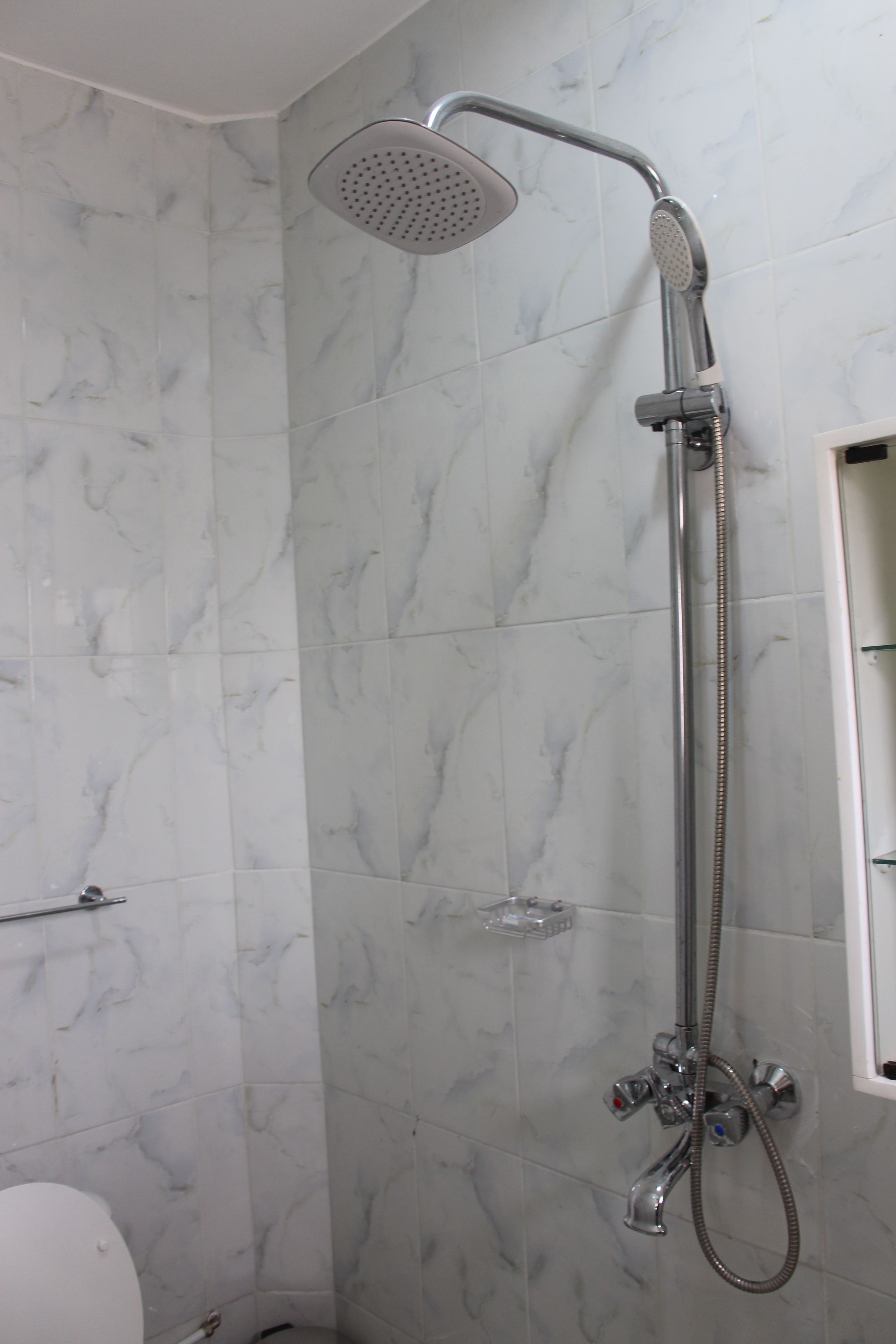 A bathroom with a shower, a toilet, and a marble-tiled wall.