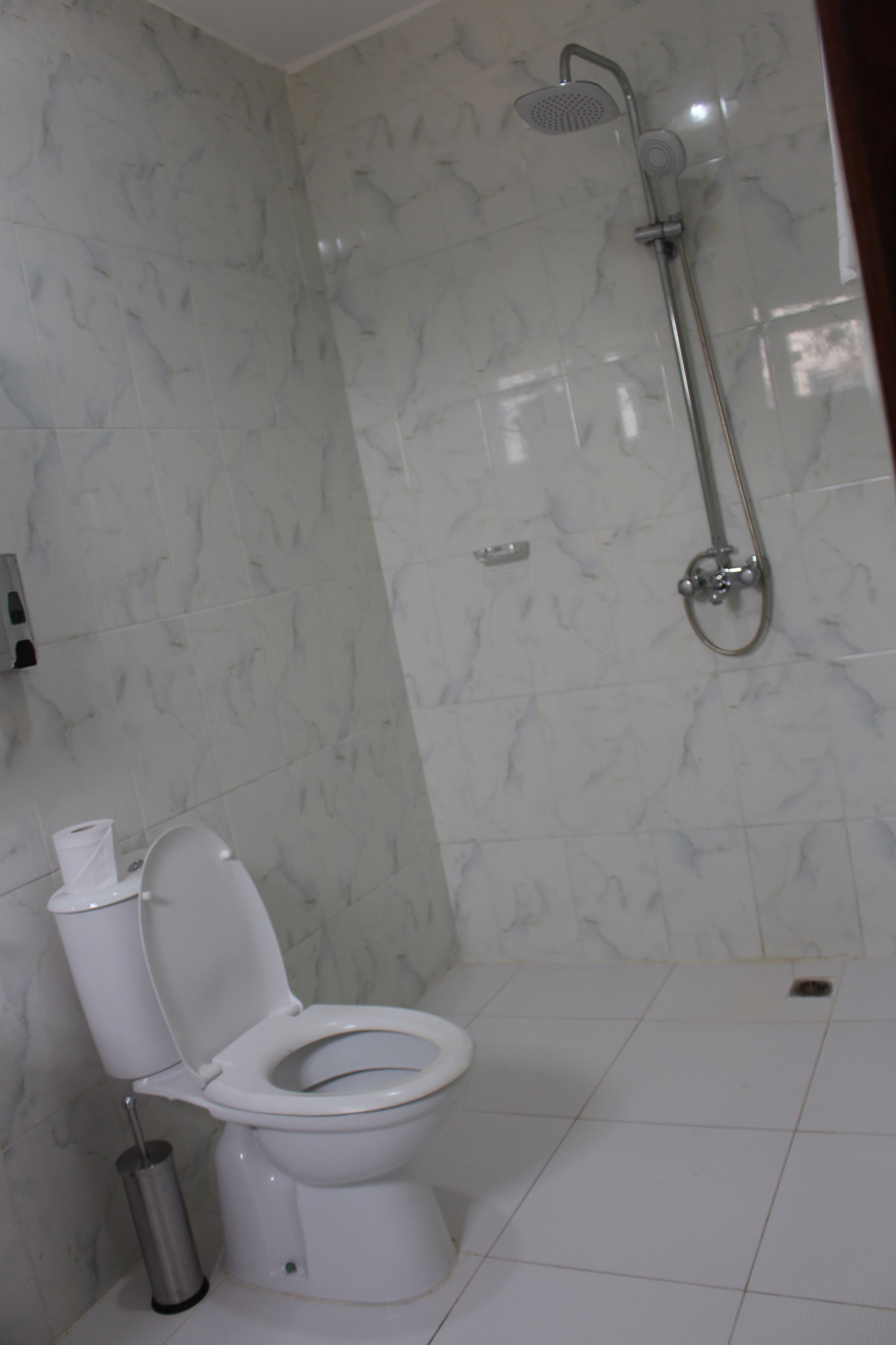 A bathroom with a toilet, a shower, and a marble wall.