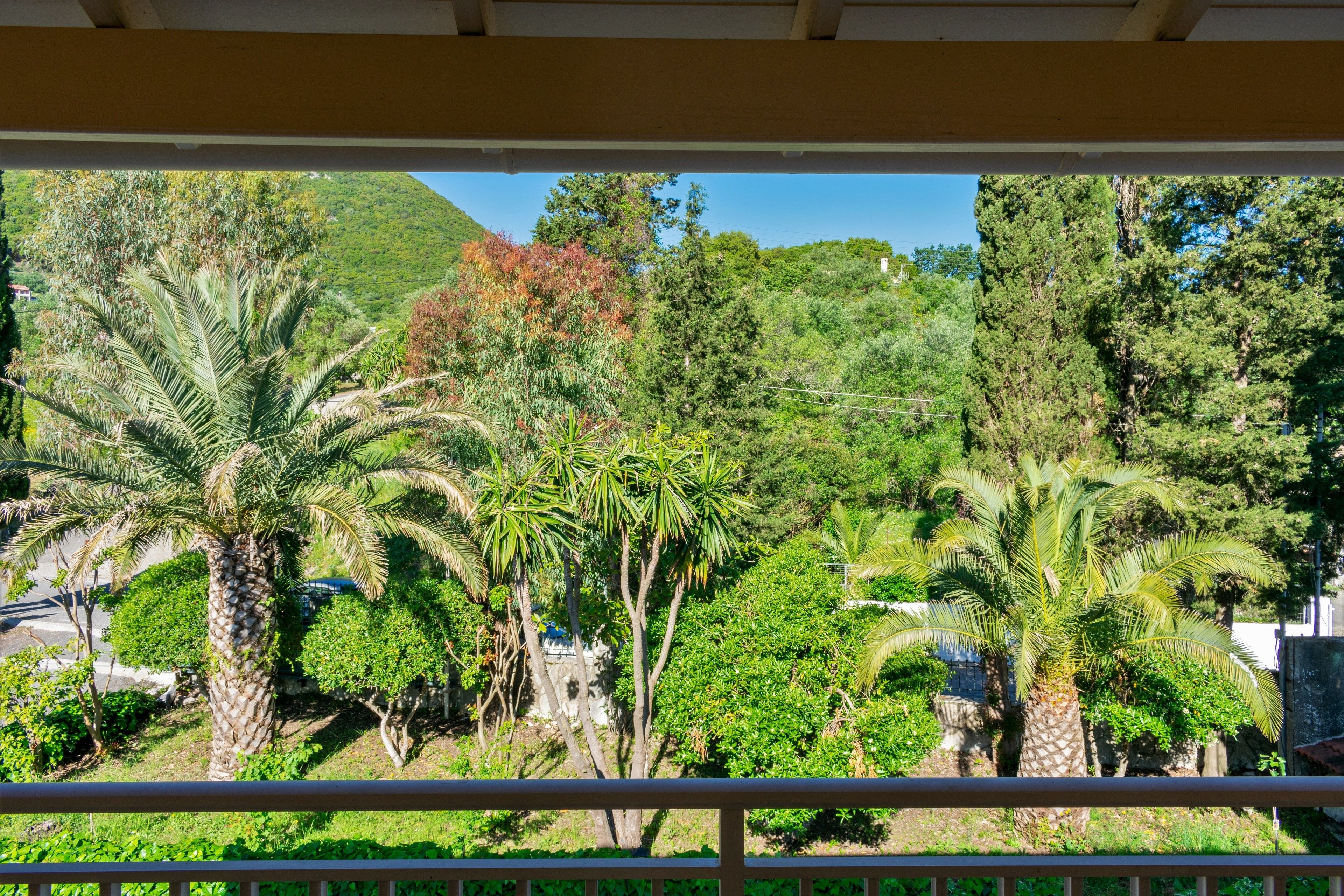 A balcony with a view of a lush garden, including palm trees and various shrubs, under a wooden pergola.