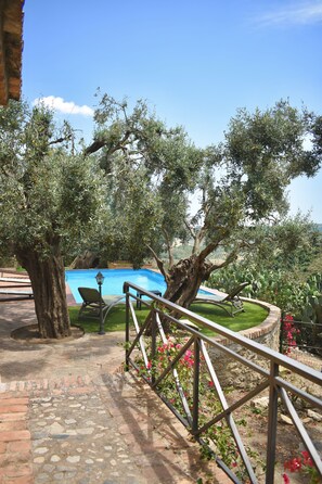A pool area with a stone pathway, metal railing, and olive trees. - Azienda Agrituristica Le Puzelle (Santa Severina)