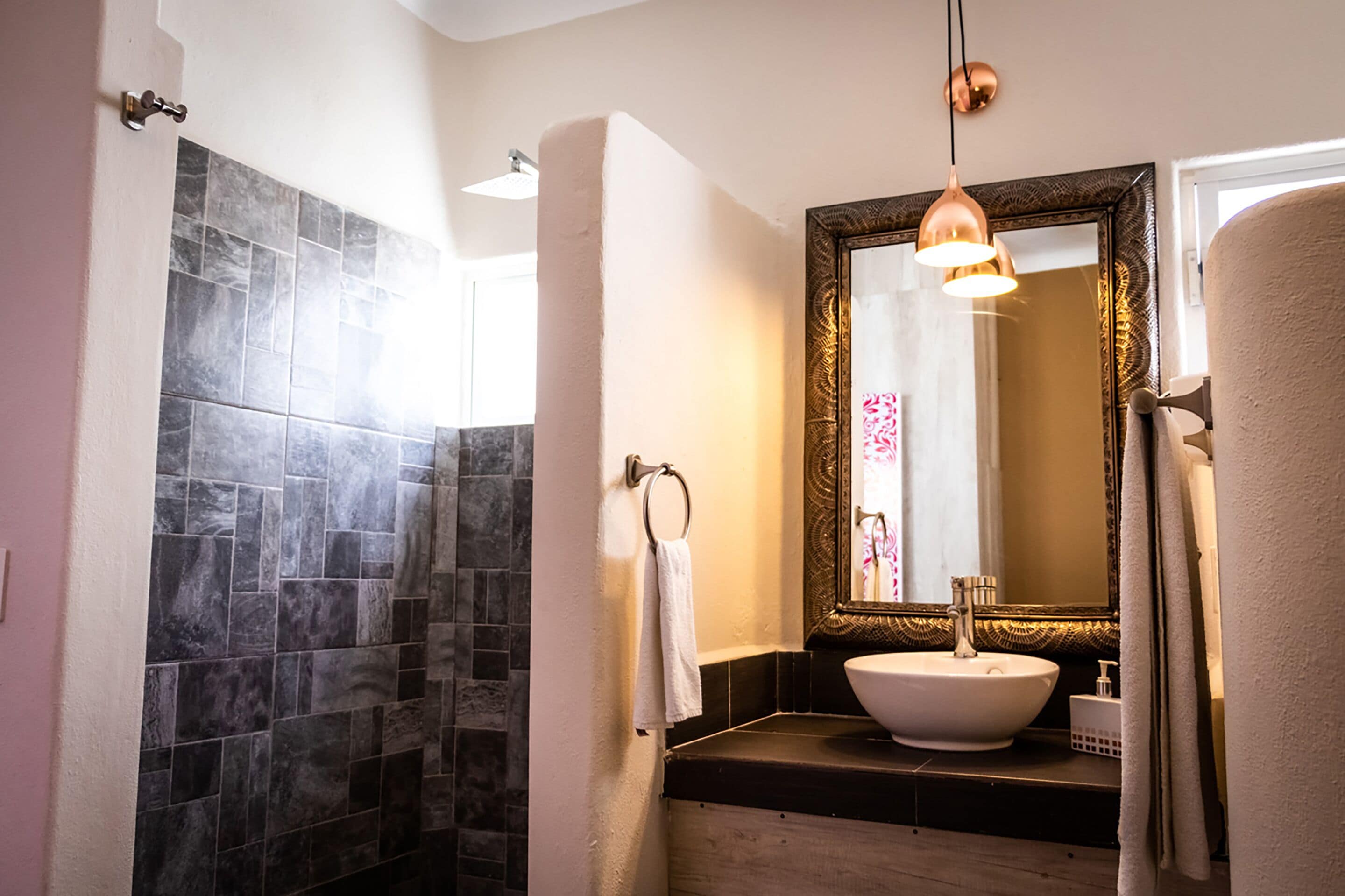 shower, free toiletries, towels, soap