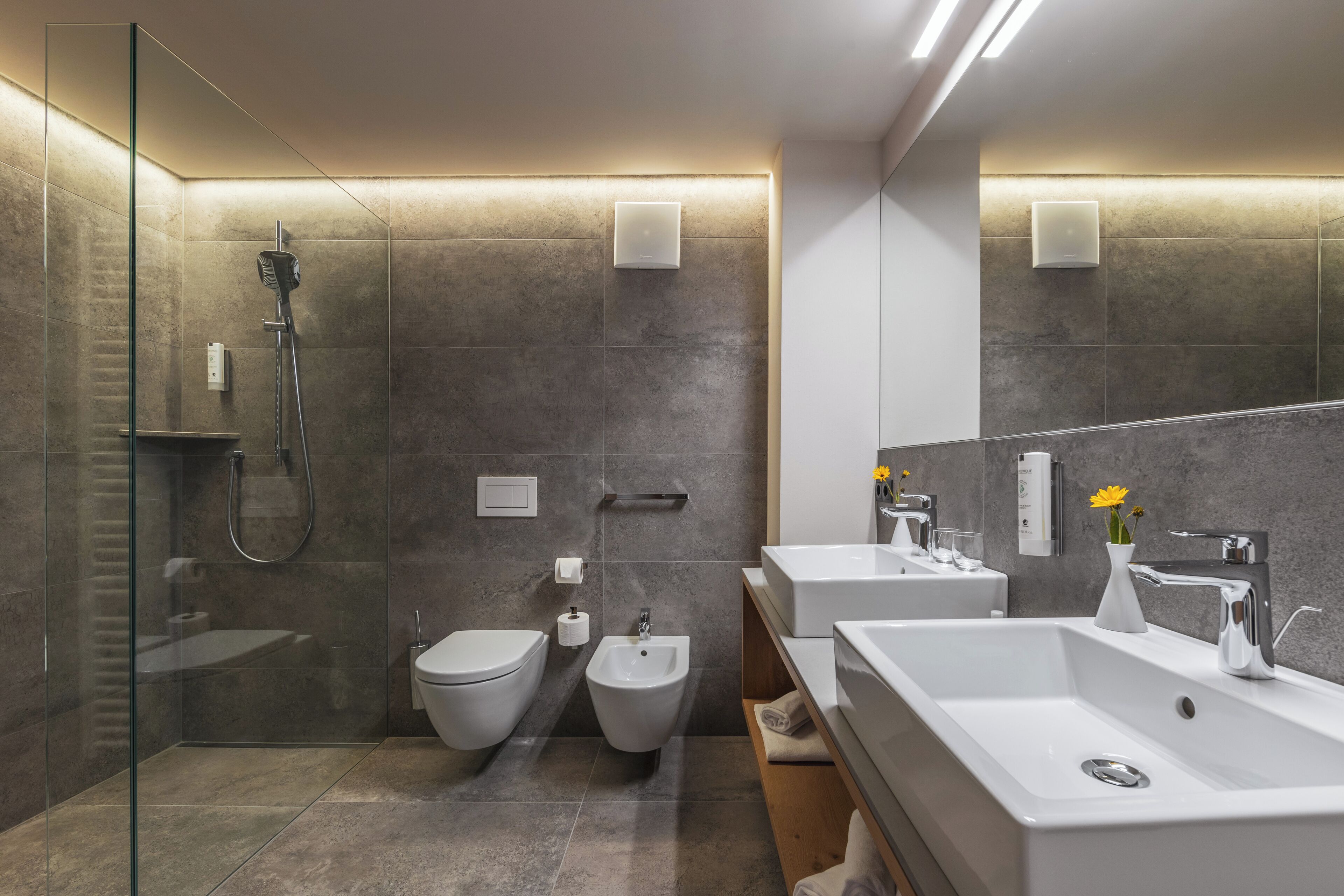 A modern bathroom with a glass shower enclosure, a bidet, a sink with a mirror, and a towel rack.