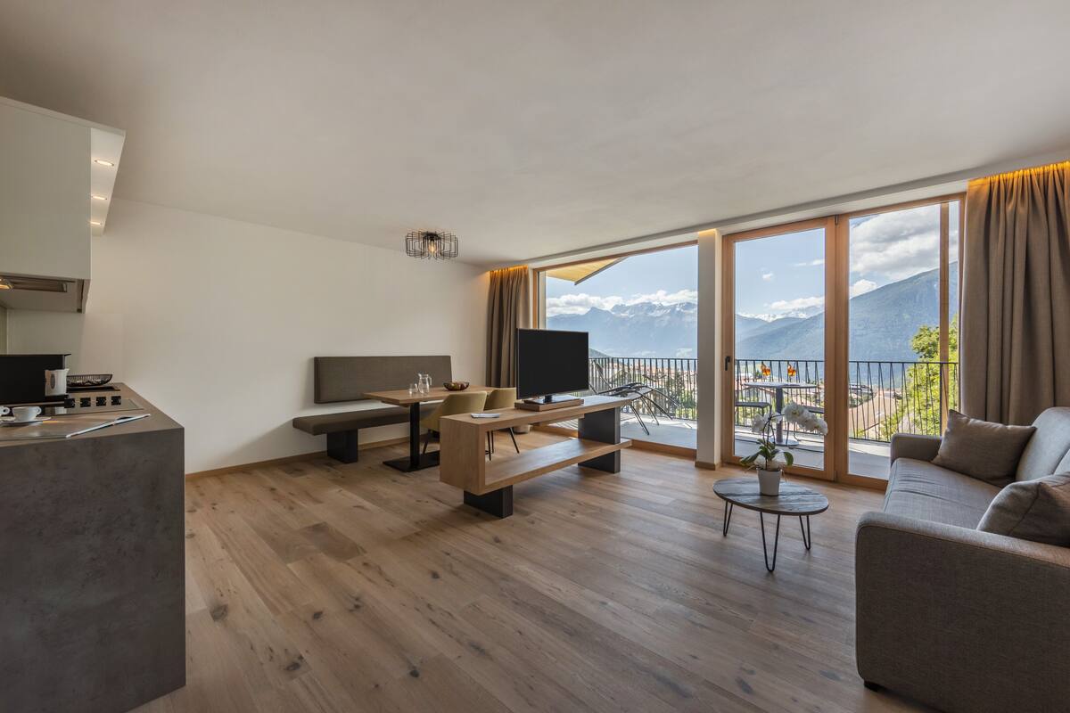 Un salon moderne avec une grande fenêtre, un canapé, une table basse et un téléviseur.