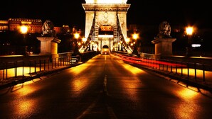 Une vue nocturne d’un pont, flanqué de deux statues de lions de chaque côté, avec une arche centrale et un bâtiment en arrière-plan.