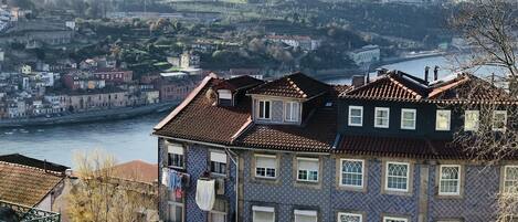 A historic building with a tiled roof and multiple windows, located near a river with a cityscape in the background.