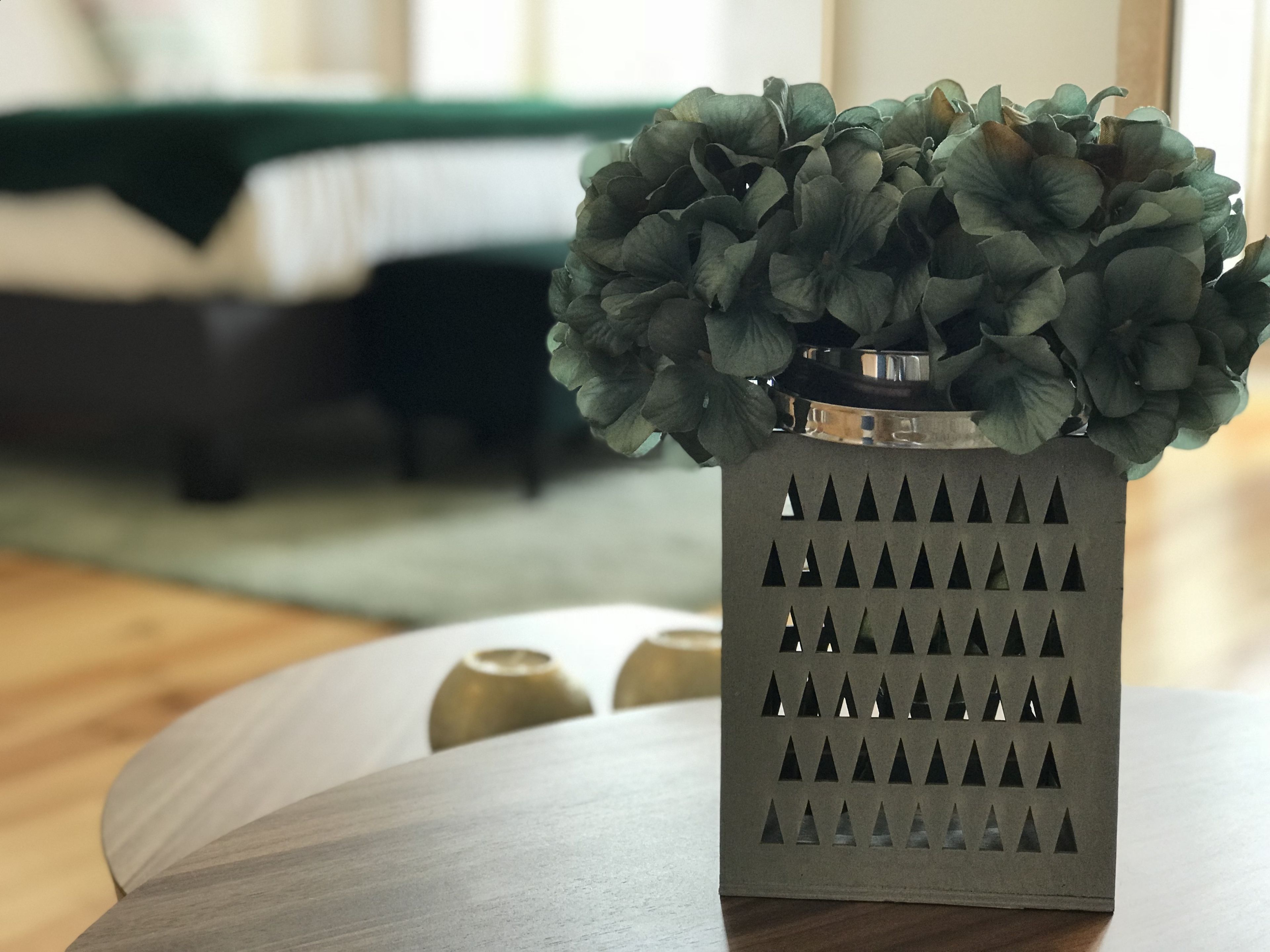 A vase with a geometric pattern and a green plant on a wooden surface.