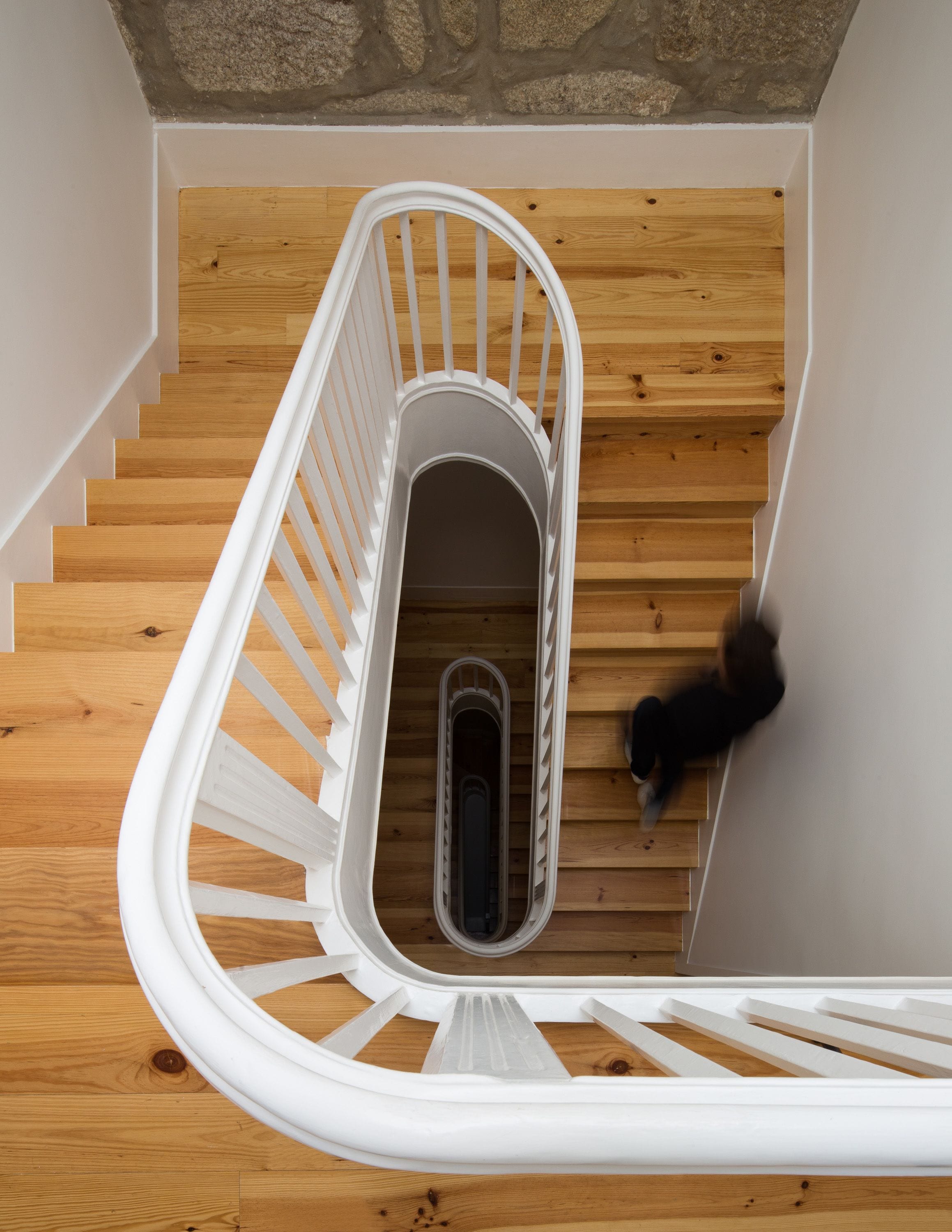 Eine Holztreppe mit weißen Geländern und einer Betonwand am oberen Ende.
