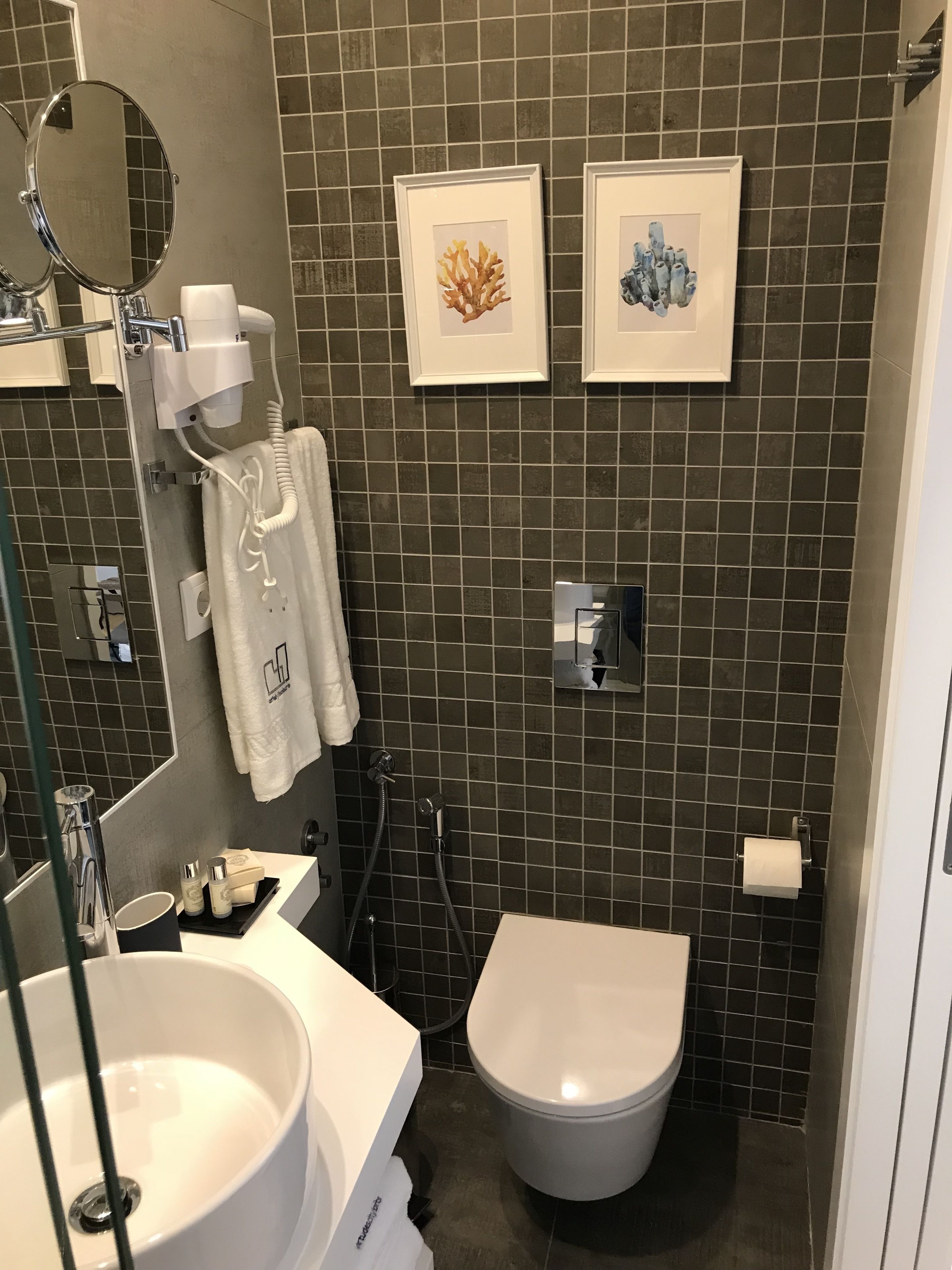 Moderni kylpyhuone, jossa on valkoinen pesuallas, wc ja suihku. Seinällä on kaksi kehystettyä kuvaa, pyyhe on ripustettu seinälle ja peili on asennettu pesualtaan yläpuolelle.