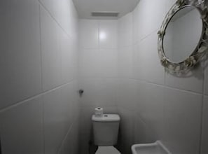 A small, narrow bathroom with white tiles, a toilet, and a mirror with a floral frame.