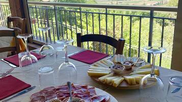 Dinner served, local cuisine, garden views