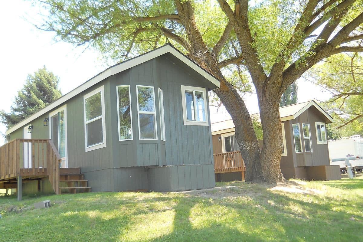 A single-story house with a front deck and a large tree in front.
