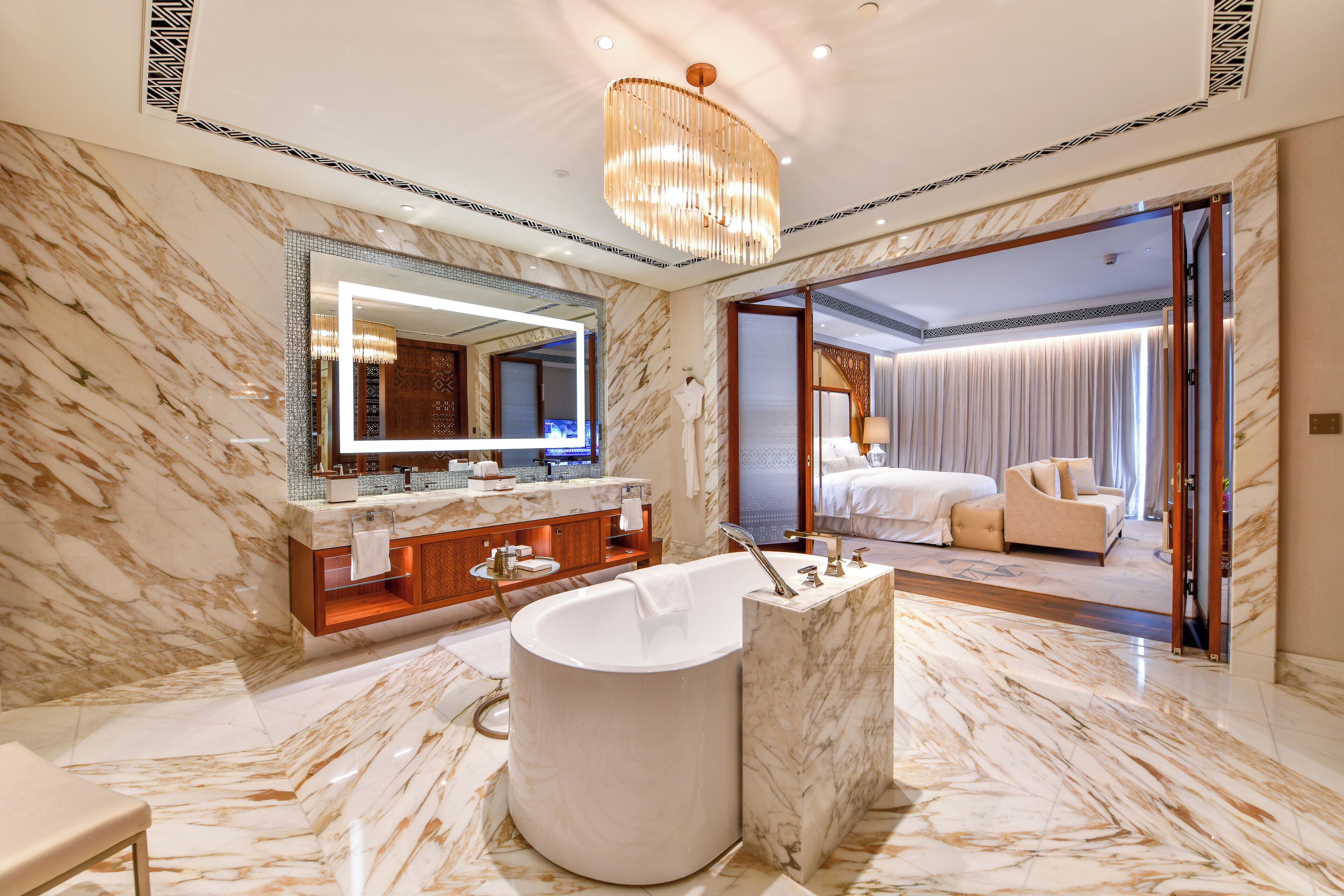 separate bathtub and shower, deep-soaking bathtub, rainfall showerhead