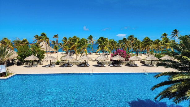 A resort pool area with clear blue water, surrounded by palm trees and thatched umbrellas. - Sunsol Ecoland (Matasiete)