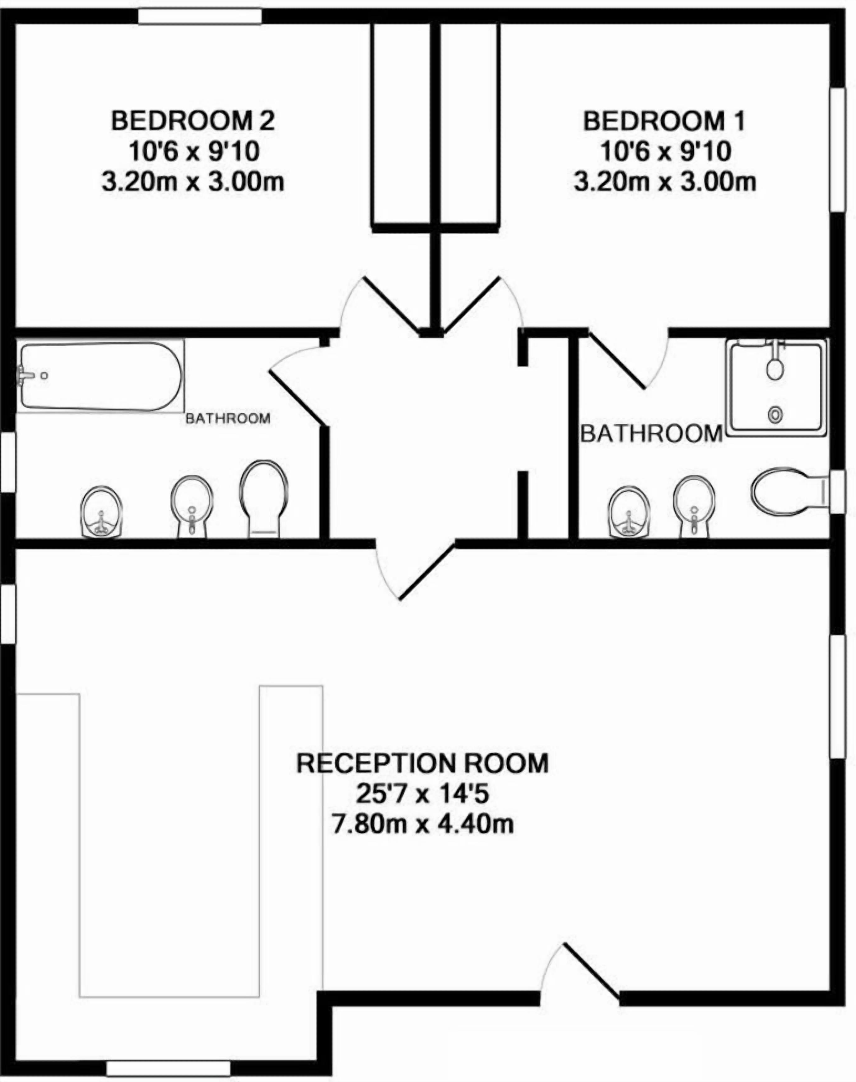 A floor plan with two bedrooms, two bathrooms, and a reception room.