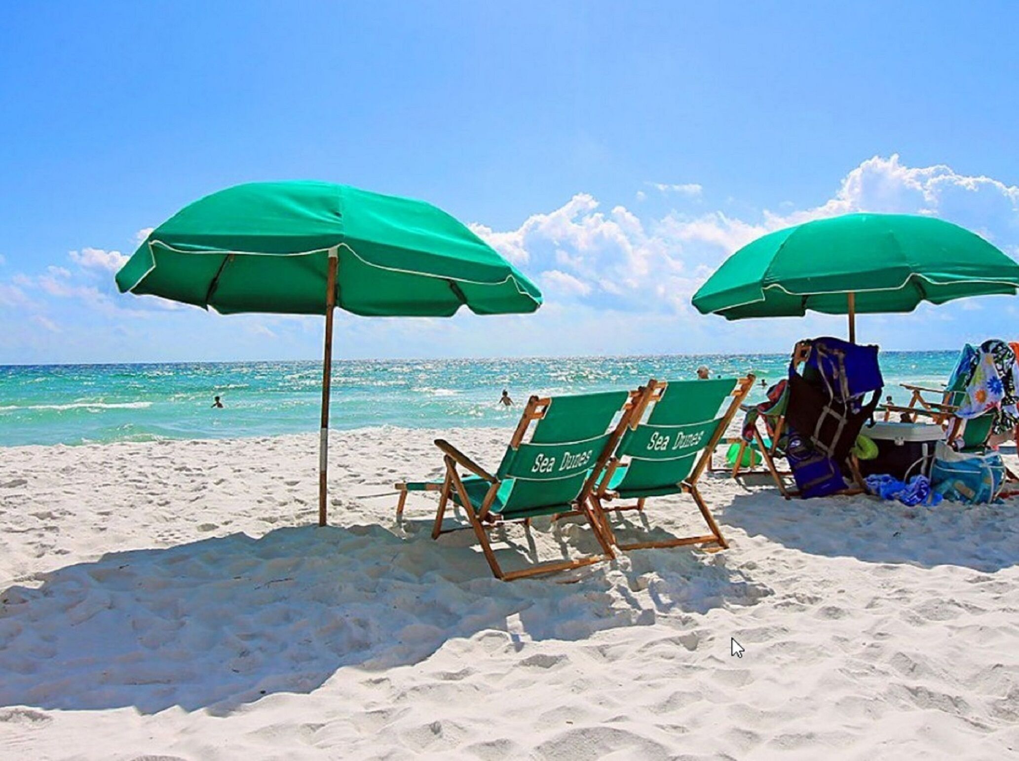 On the beach, sun loungers