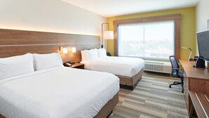 A hotel room with two beds, a desk with a chair, a TV, and a large window with a view. - Holiday Inn Express & Suites El Paso East-Loop 375 by IHG (El Paso)
