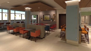 Een modern restaurantinterieur met hoge tafels, zitjes en diverse zitmogelijkheden.