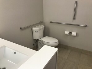 A bathroom with a white toilet, a grab bar, a roll of toilet paper, and a bathtub. - Holiday Inn Express & Suites Hannibal - Medical Center by IHG (Hannibal)