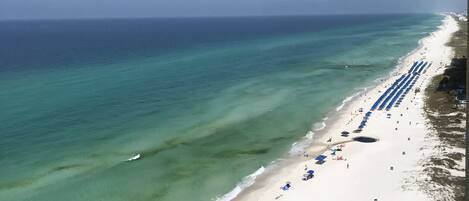On the beach, sun-loungers