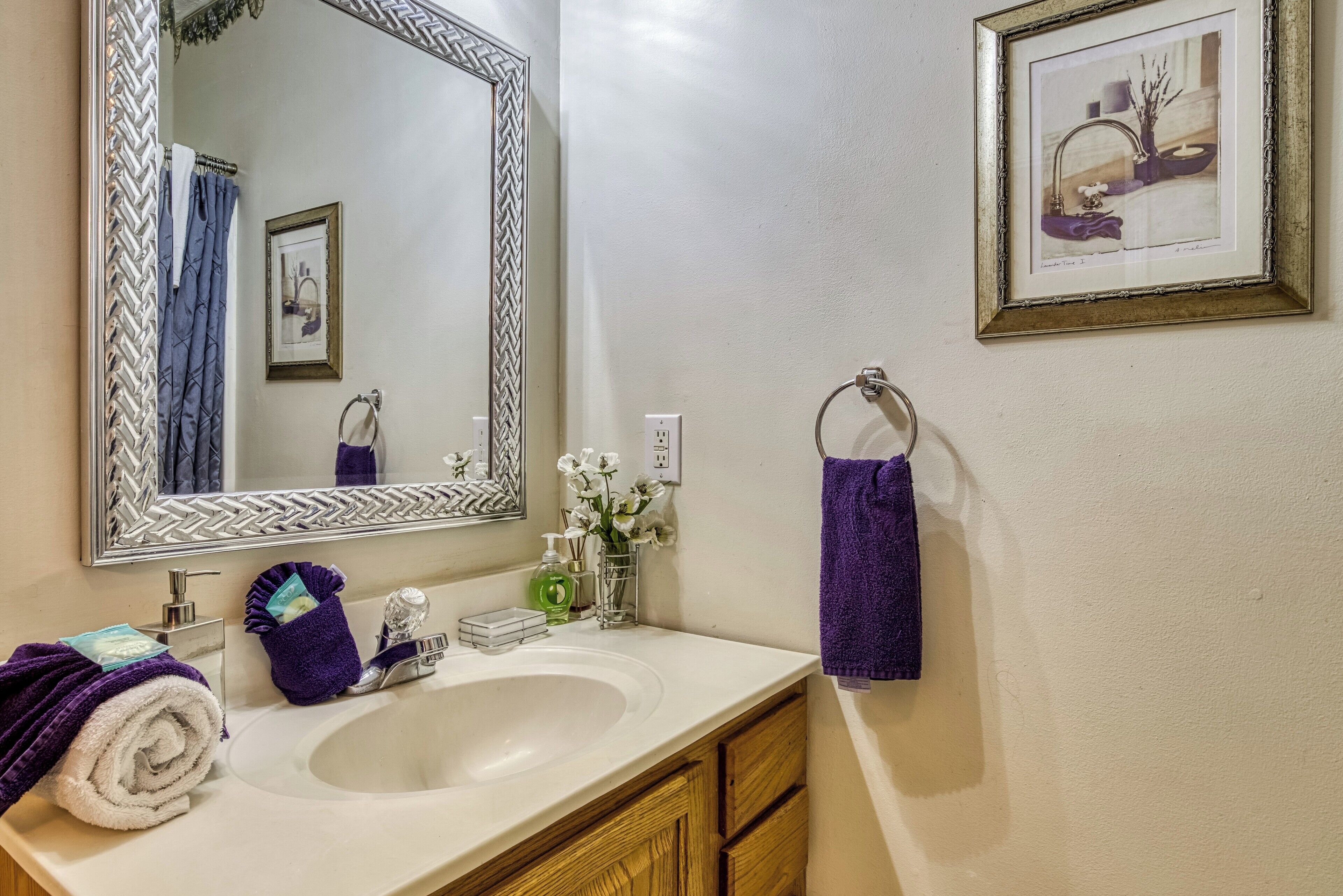 A bathroom with a white sink, a mirror with a decorative frame, a towel rack with a purple towel, and a framed picture on the wall.