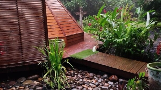 Een tuin met een houten terras, een gebouw met rieten dak en diverse planten.