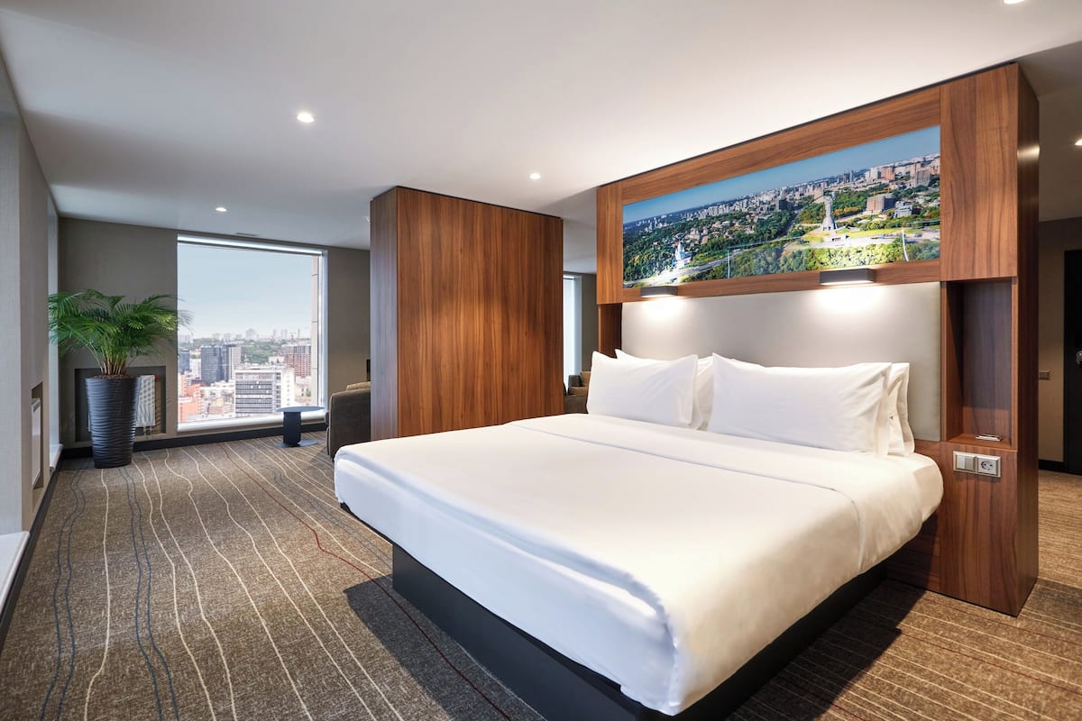 Habitación de hotel moderna con una cama grande, vistas a la ciudad, una planta en maceta y un cuadro en la pared.