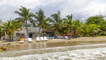 A beachside hotel with palm trees, a sandy beach, and a pool area with lounge chairs.