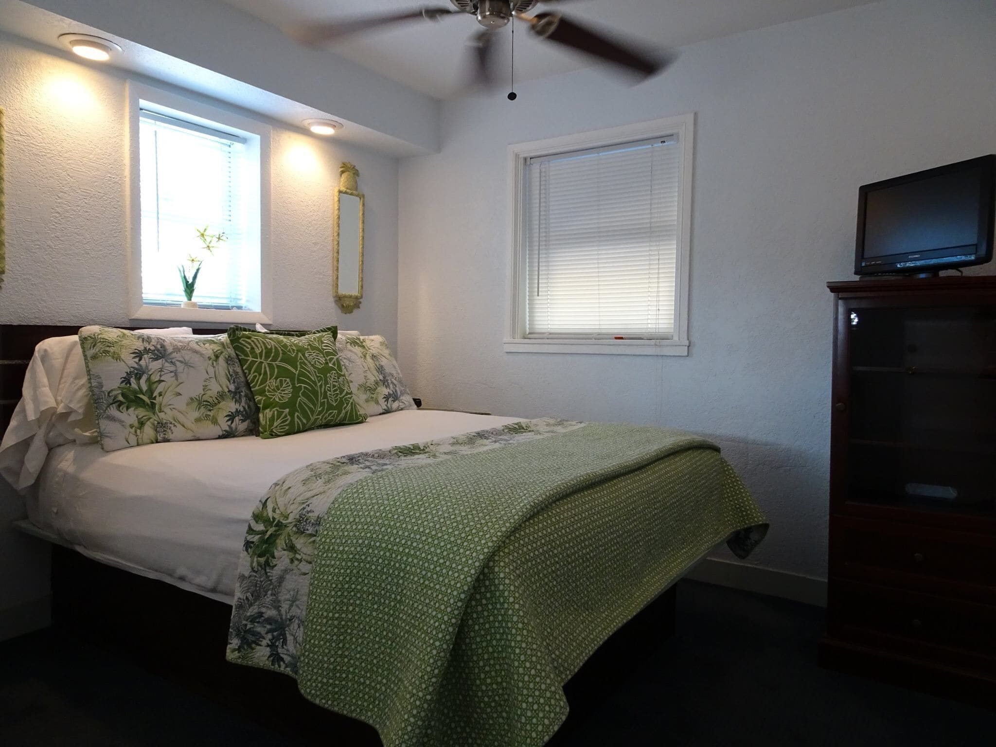 A bedroom with a bed, a ceiling fan, two windows with blinds, a mirror, and a television on a wooden cabinet.