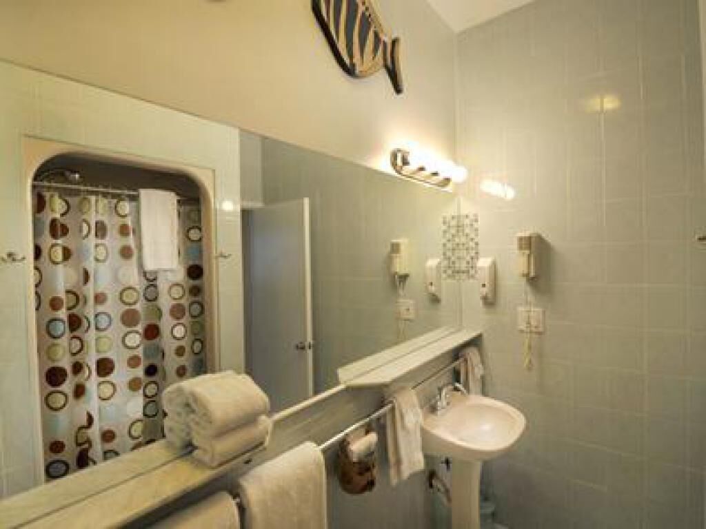 A bathroom with a large mirror, a sink, and a shower with a circular patterned curtain.