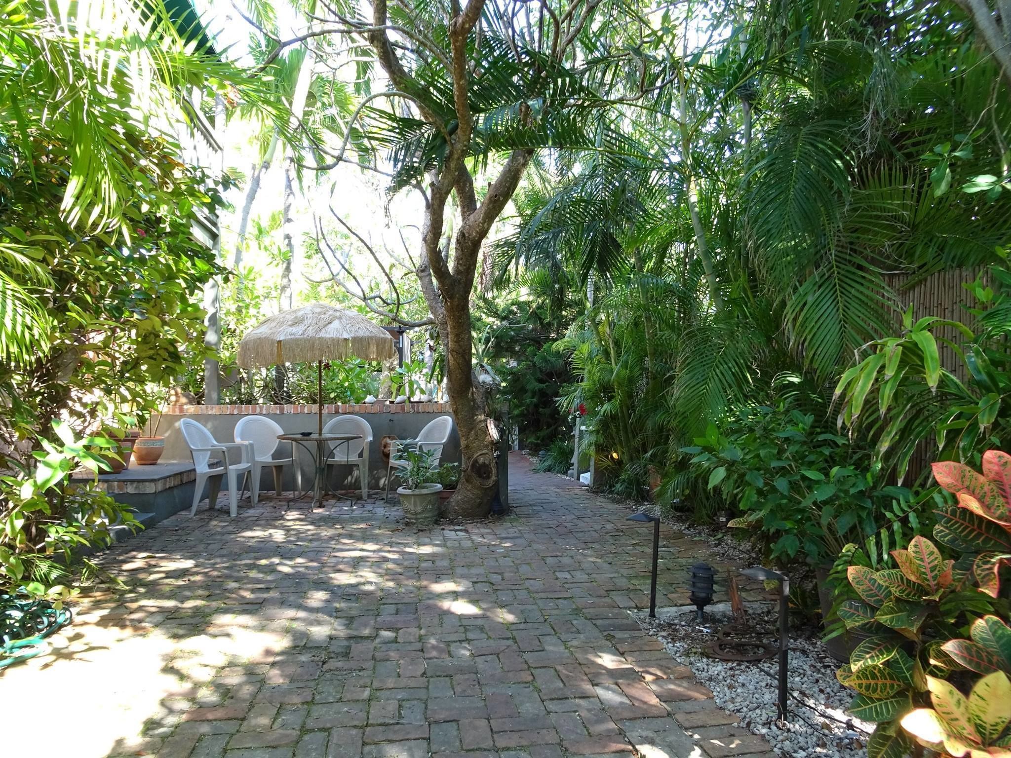 A paved garden area with a table and chairs under a thatched umbrella, surrounded by lush greenery.