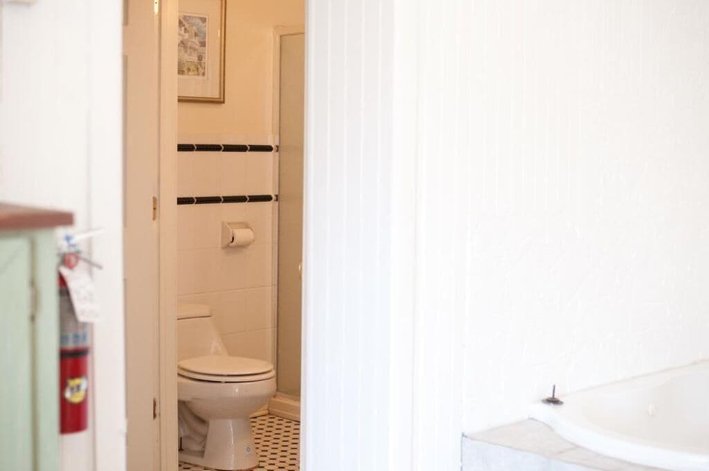 A bathroom with a toilet, shower, and bathtub.