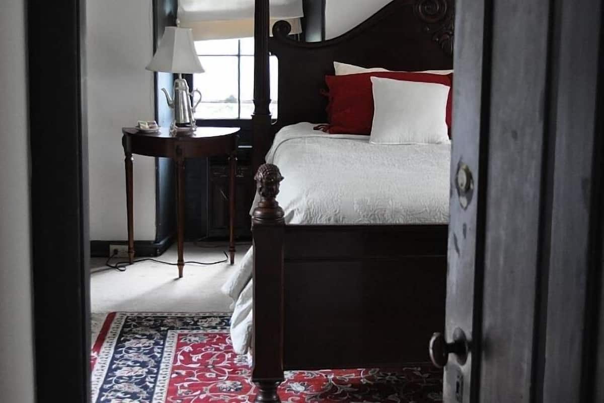 A bedroom with a wooden bed, a nightstand with a lamp, and a patterned rug.