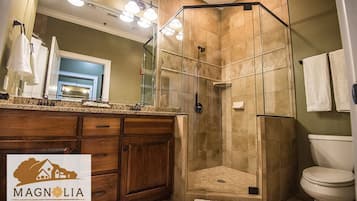 Standard Room, 2 Queen Beds, Private Bathroom | Bathroom | Hair dryer, towels