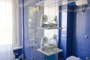 Combined shower/tub, hair dryer, bidet, towels