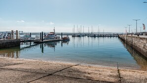Un port de plaisance avec des bateaux amarrés, une jetée et un ciel dégagé.