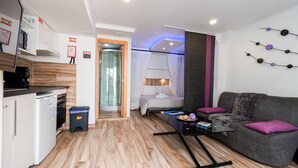 Un espace de vie compact comprenant un coin cuisine, un canapé, une petite table et un lit avec des rideaux.