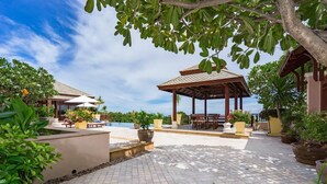 Un espace extérieur abrité comprenant une piscine, des chaises longues et des plantes en pot.