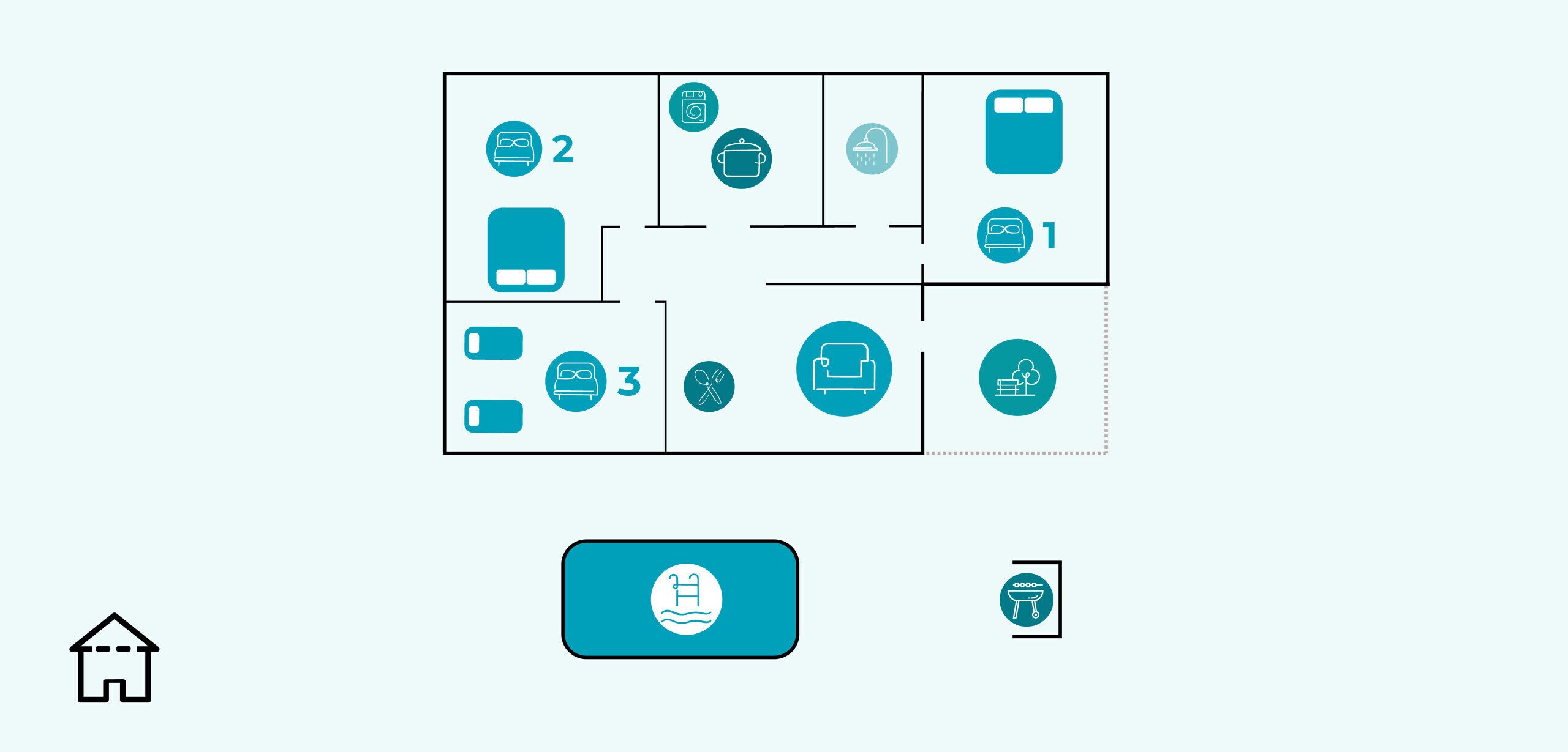 A floor plan with icons representing different hotel amenities such as a bed, bathroom, and dining area.