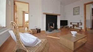 Una sala de estar con chimenea, televisión y un comedor visible al fondo.