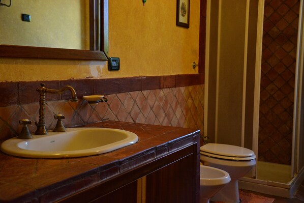 A bathroom with a sink, toilet, and a shower area.