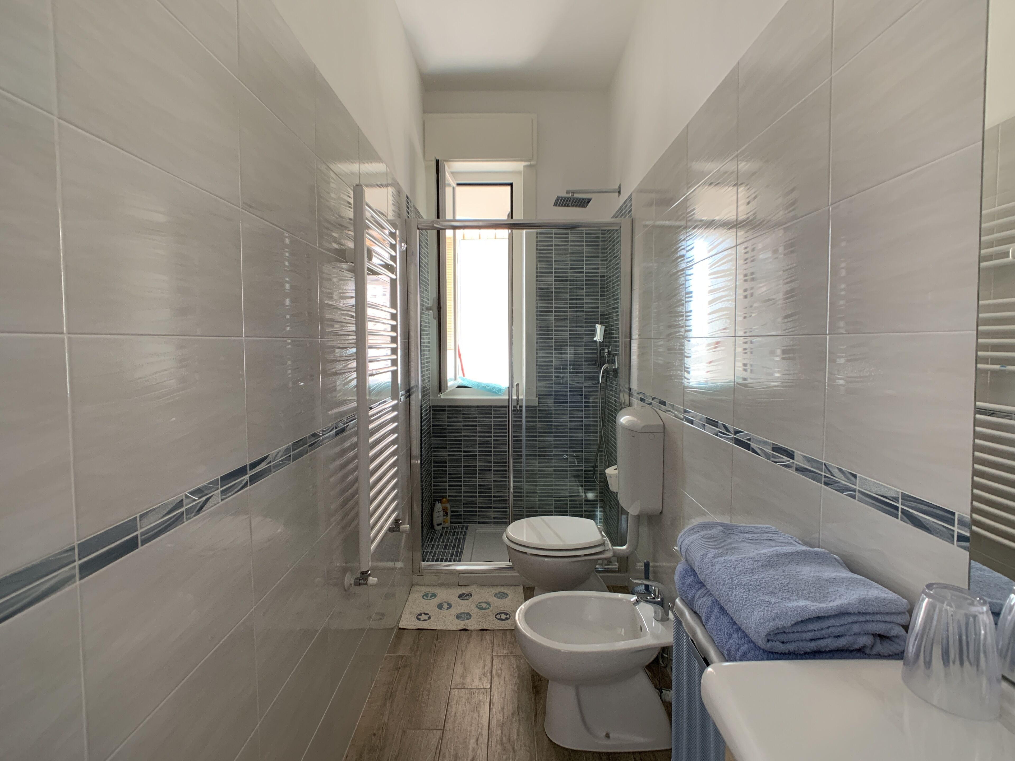 Ein Badezimmer mit Toilette, Bidet und einer Duschkabine.