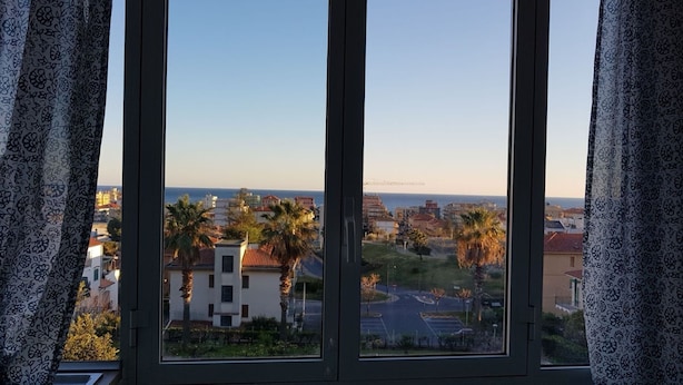 Vista a través de una ventana con cortinas estampadas, que da a una zona residencial con palmeras, una calle y edificios a lo lejos.