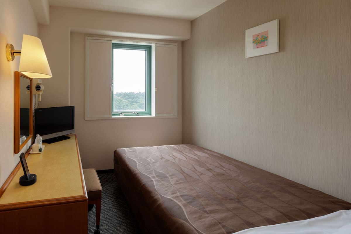 Een hotelkamer met een bed, een bureau met een lamp, een televisie, een raam en een ingelijst schilderij aan de muur.