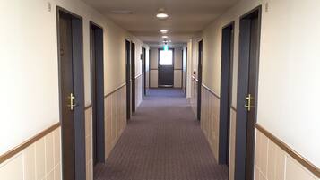 A long, narrow hallway with carpeted floors, doors on both sides, and a light fixture on the ceiling.