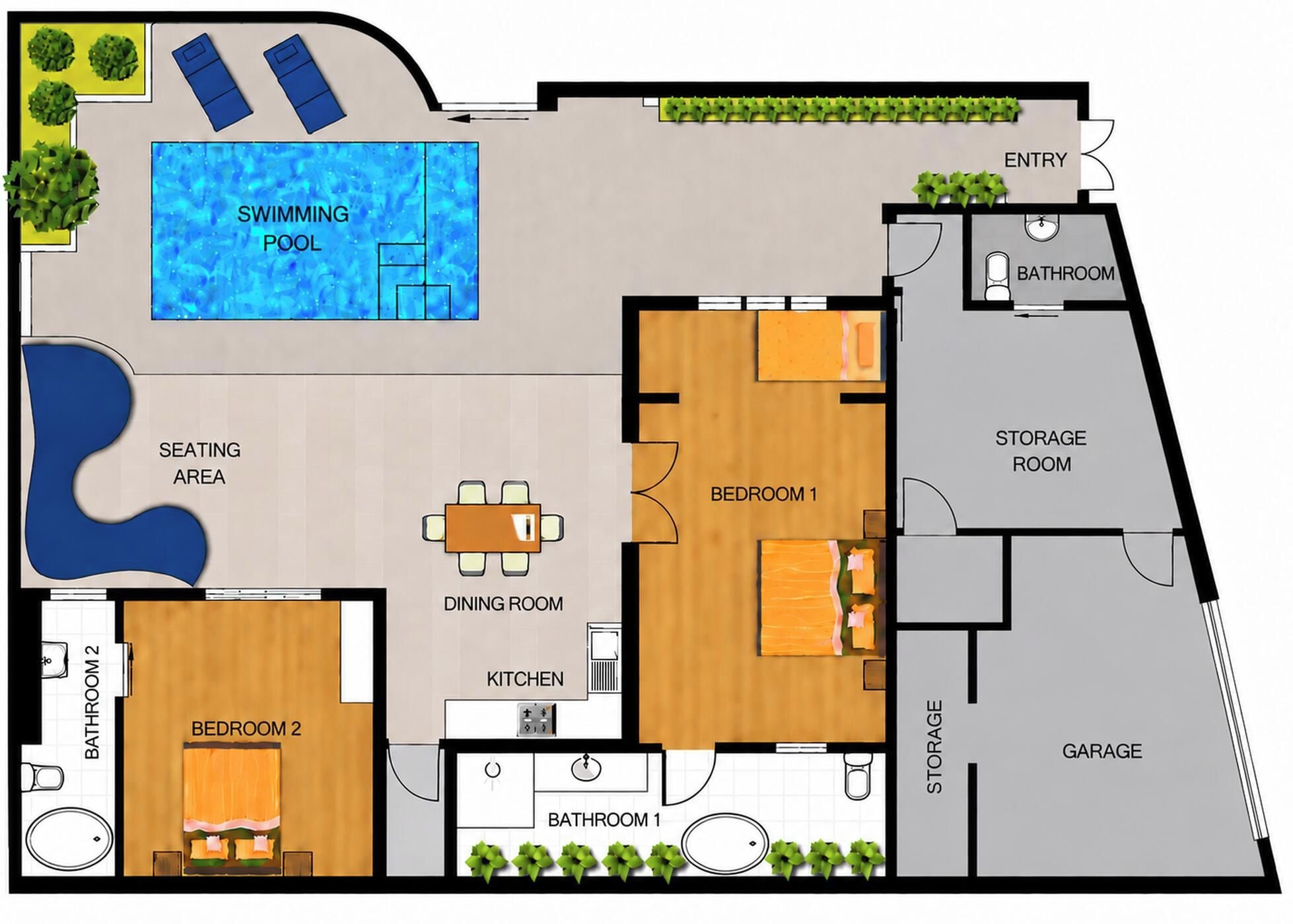 A floor plan with a swimming pool, two bedrooms, a dining room, kitchen, two bathrooms, a storage room, and a garage.
