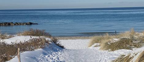 A snow-covered path leading to a beach with calm water and a clear sky.