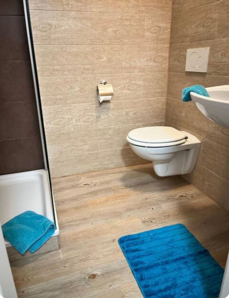 A small bathroom with a toilet, a sink, and a shower.